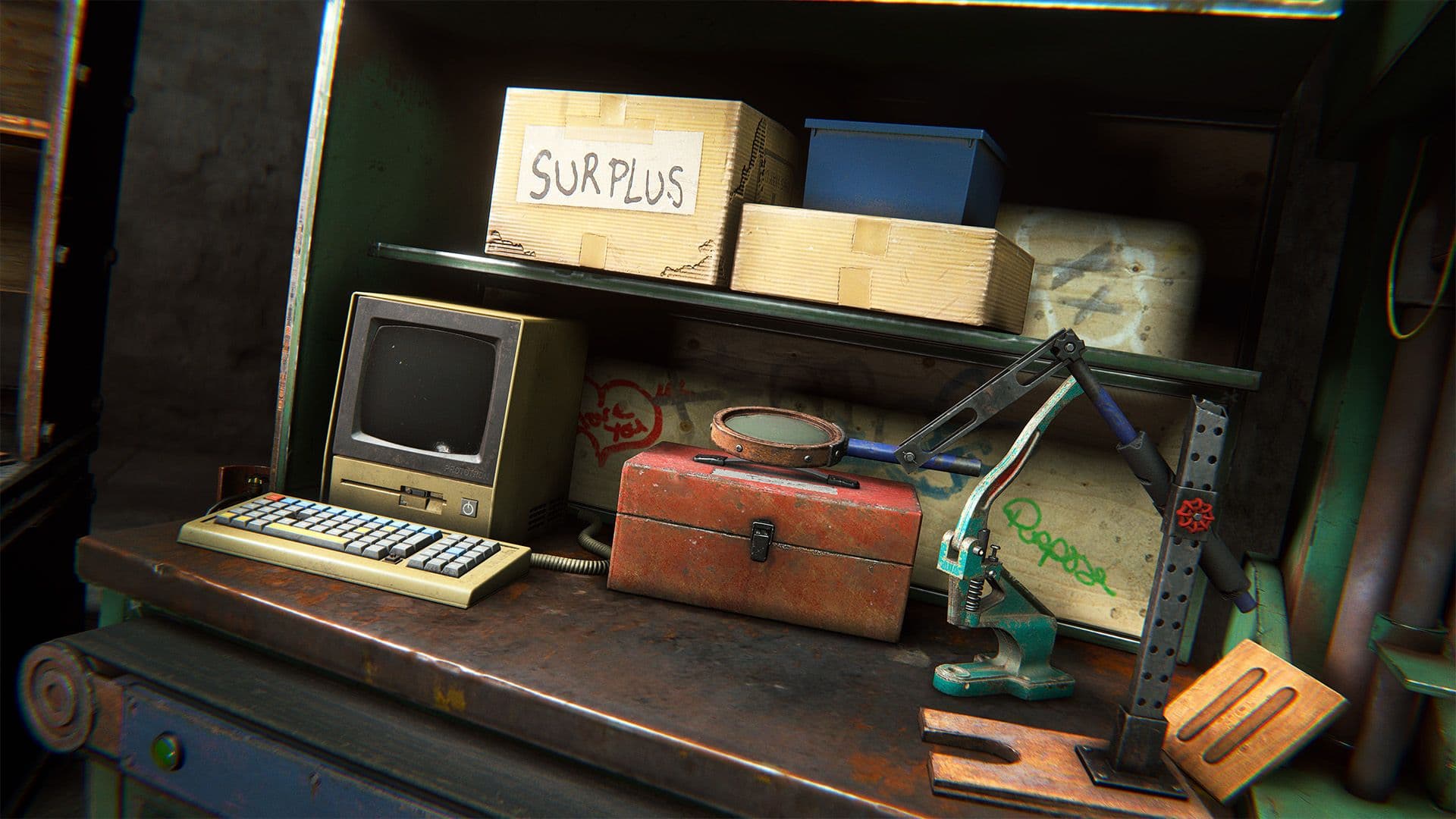 Rust workbench with labeled surplus boxes and crafting tools