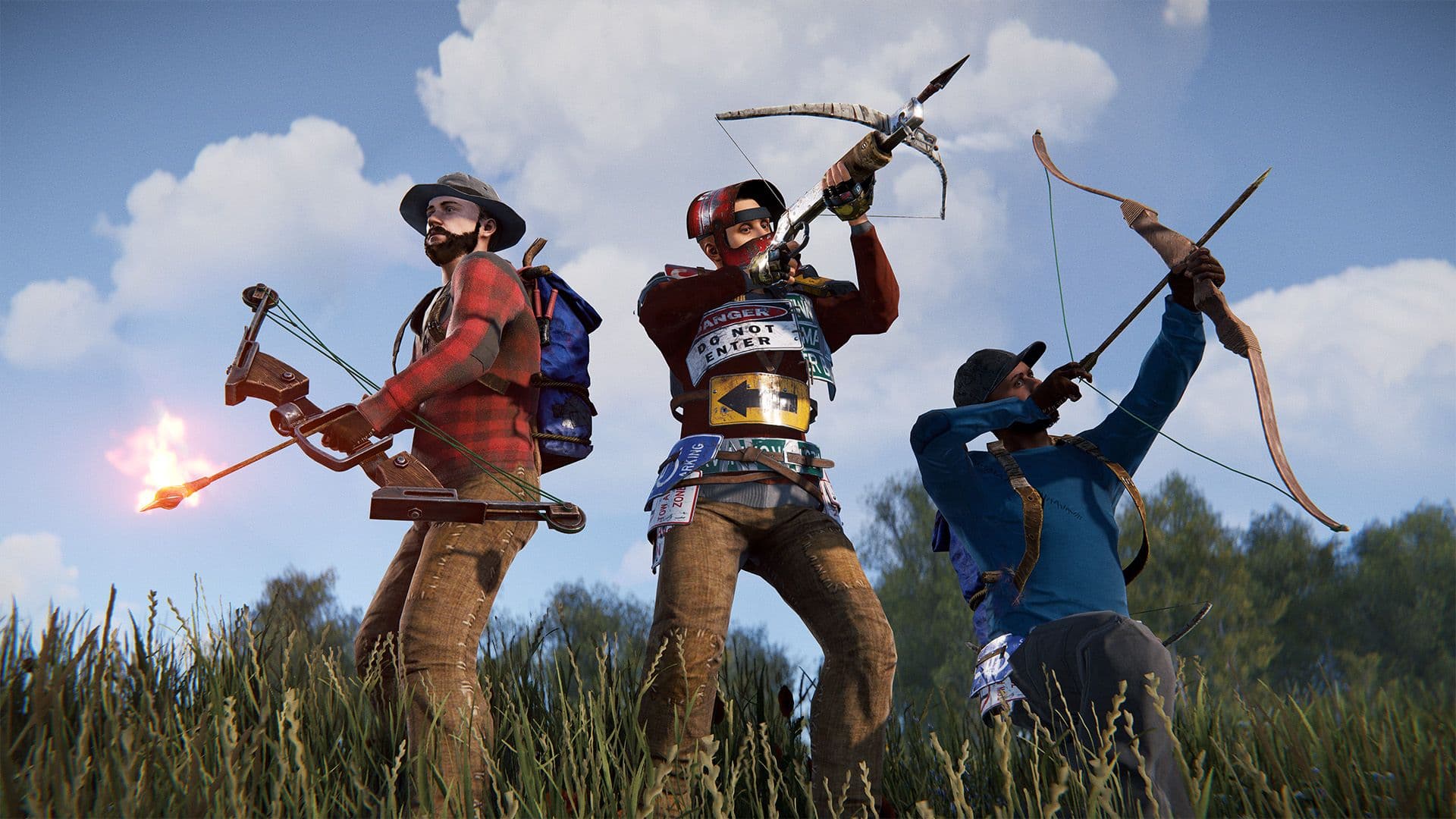 Three Rust players aiming a crossbow, a compound bow and a hunting bow in a grass field