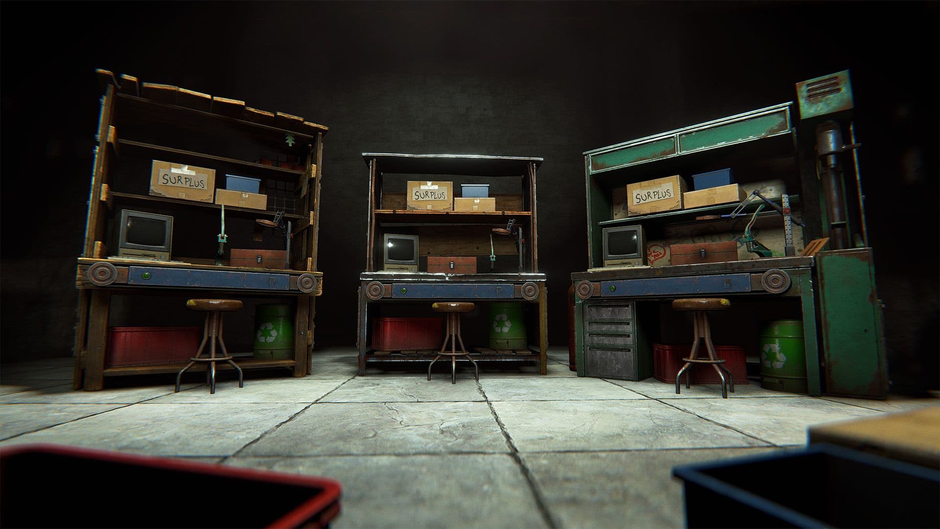 Three tiers of Rust workbench standing side by side inside a stone base