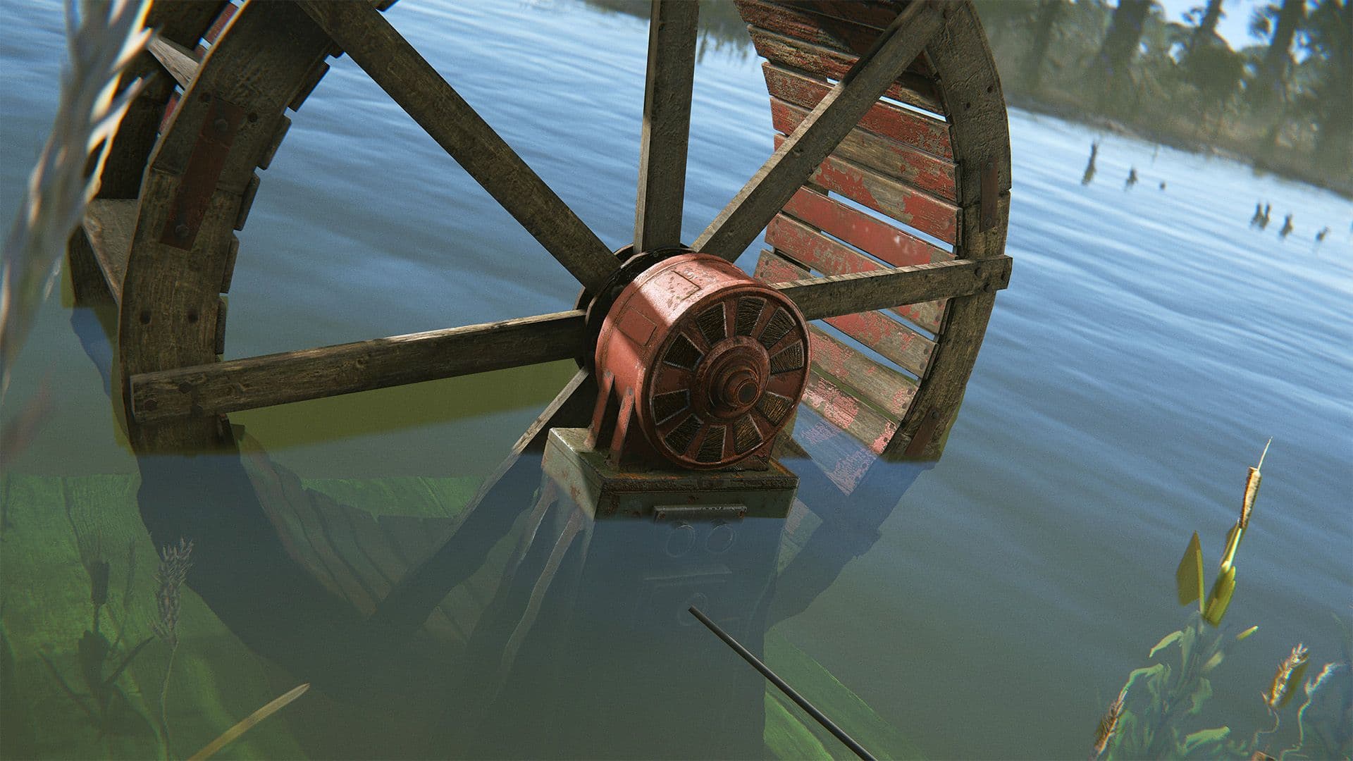 Rust Water Wheel placed in a river for passive electricity