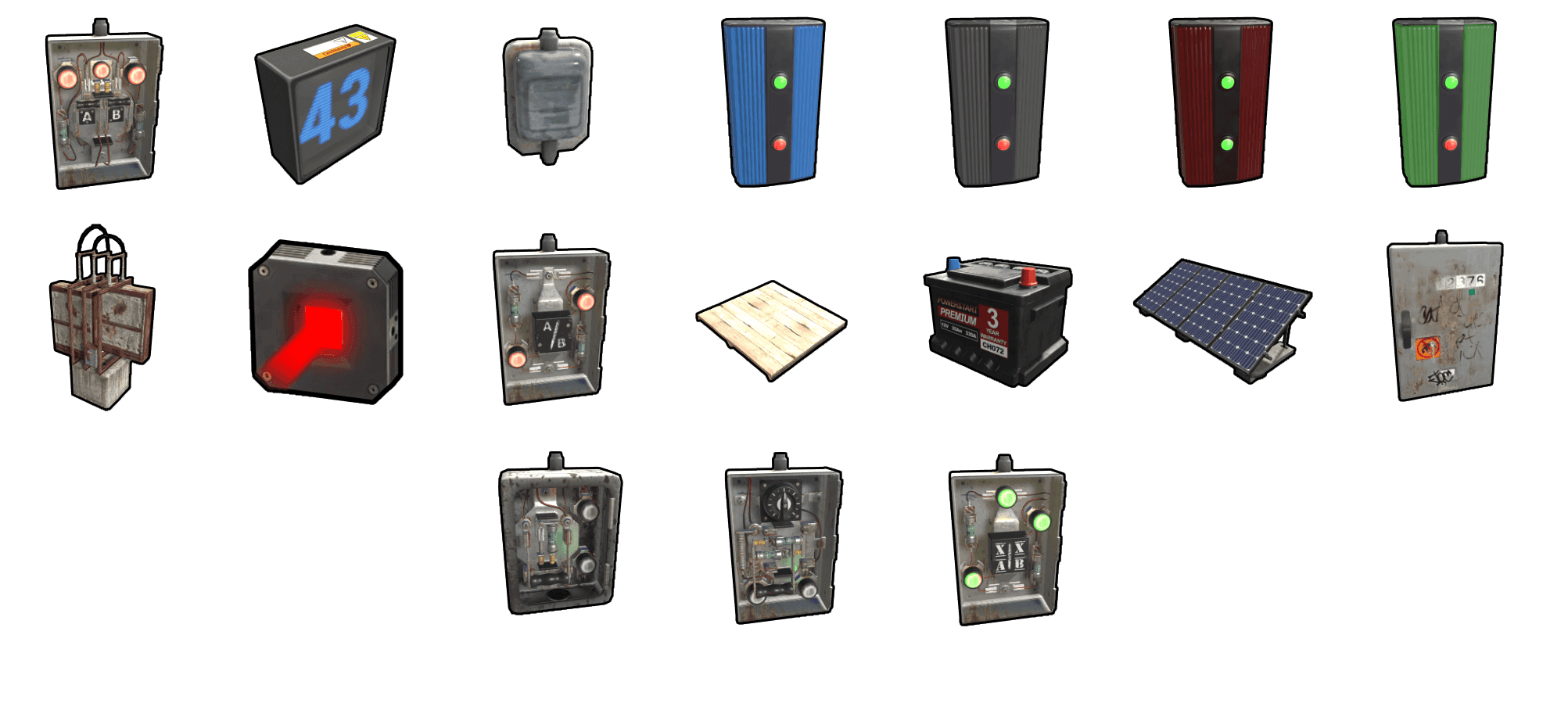 Rust electrical components including branches, batteries, switches, and solar panels