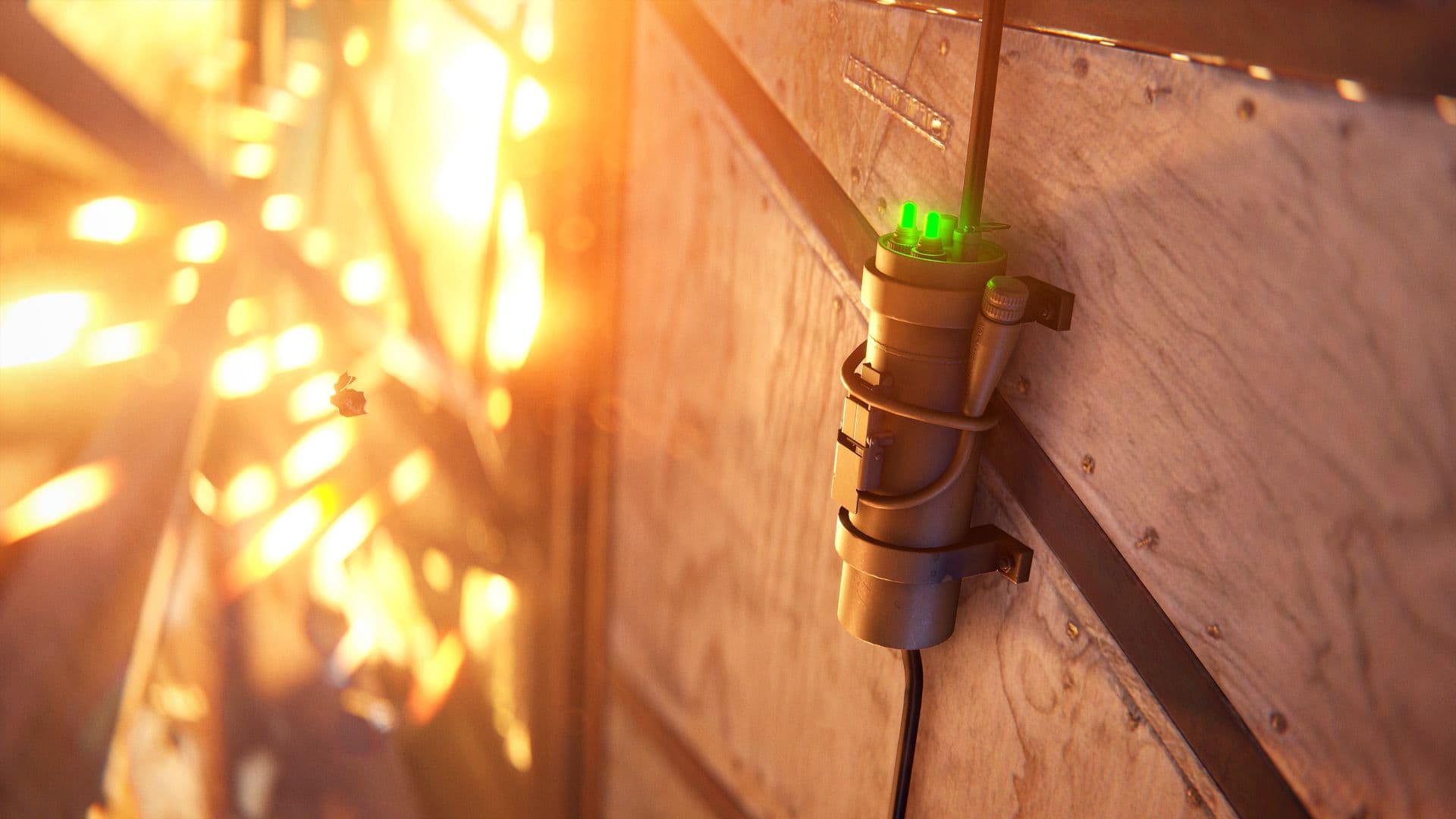 Rust Seismic Sensor mounted on a base wall beside an explosive-lit corridor