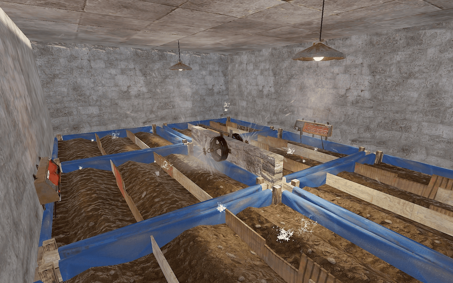 Rust farm room showing planter boxes, ceiling lights, sprinklers, and water coverage