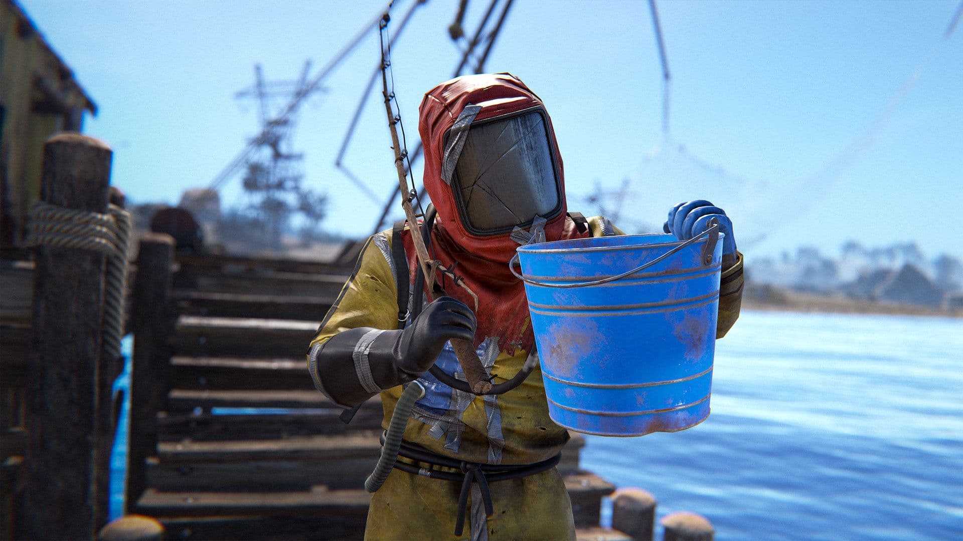 Rust player fishing from a dock on an exposed ocean route