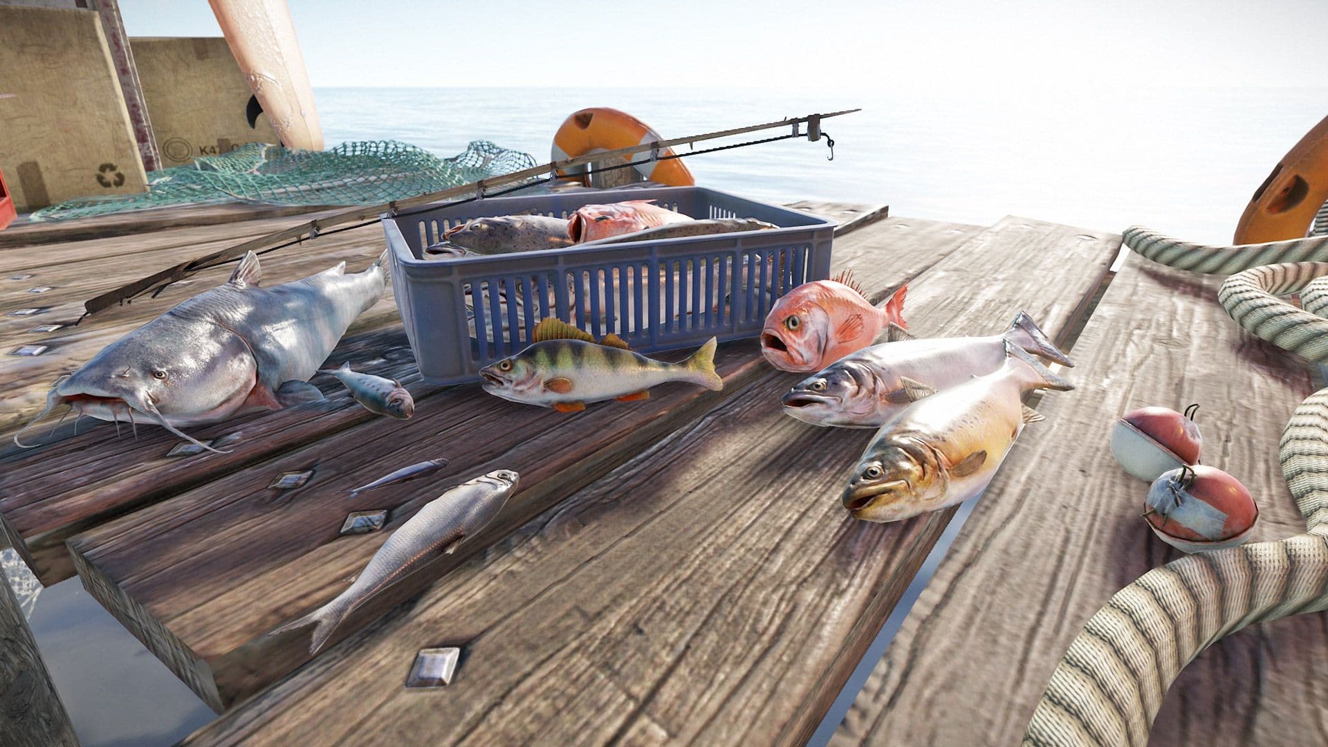 Rust fishing gear and fish on a floating dock