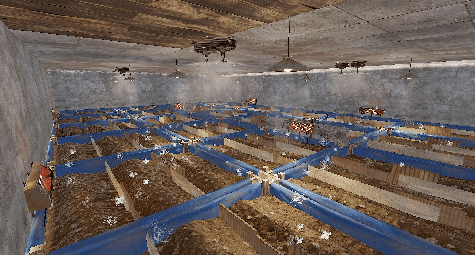 Large Rust indoor farm with rows of planters, lights, and sprinklers