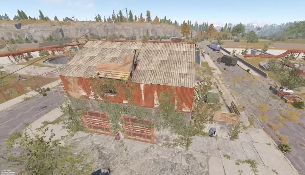 Aerial view of Rust’s Water Treatment Plant roofs, roads, tanks, and pipes