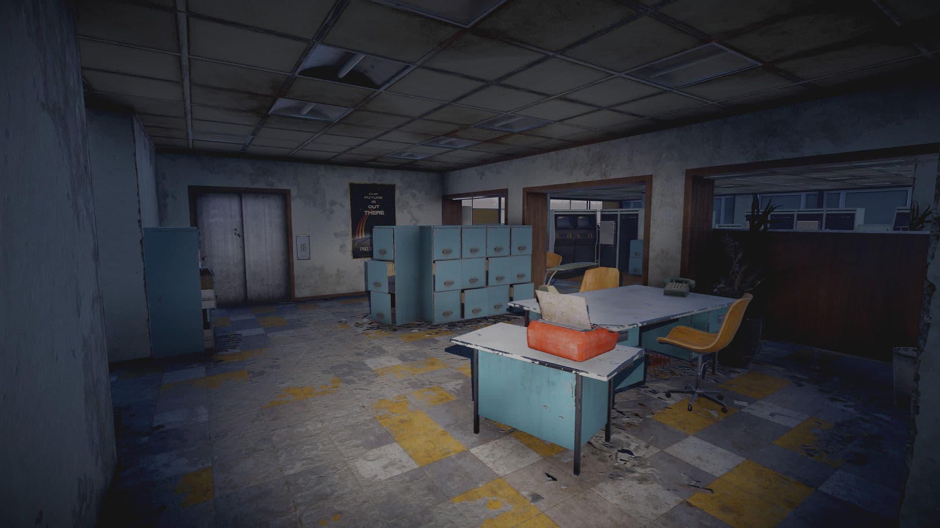 Retro Cobalt Space Center office with filing cabinets, desks, and vintage computer equipment