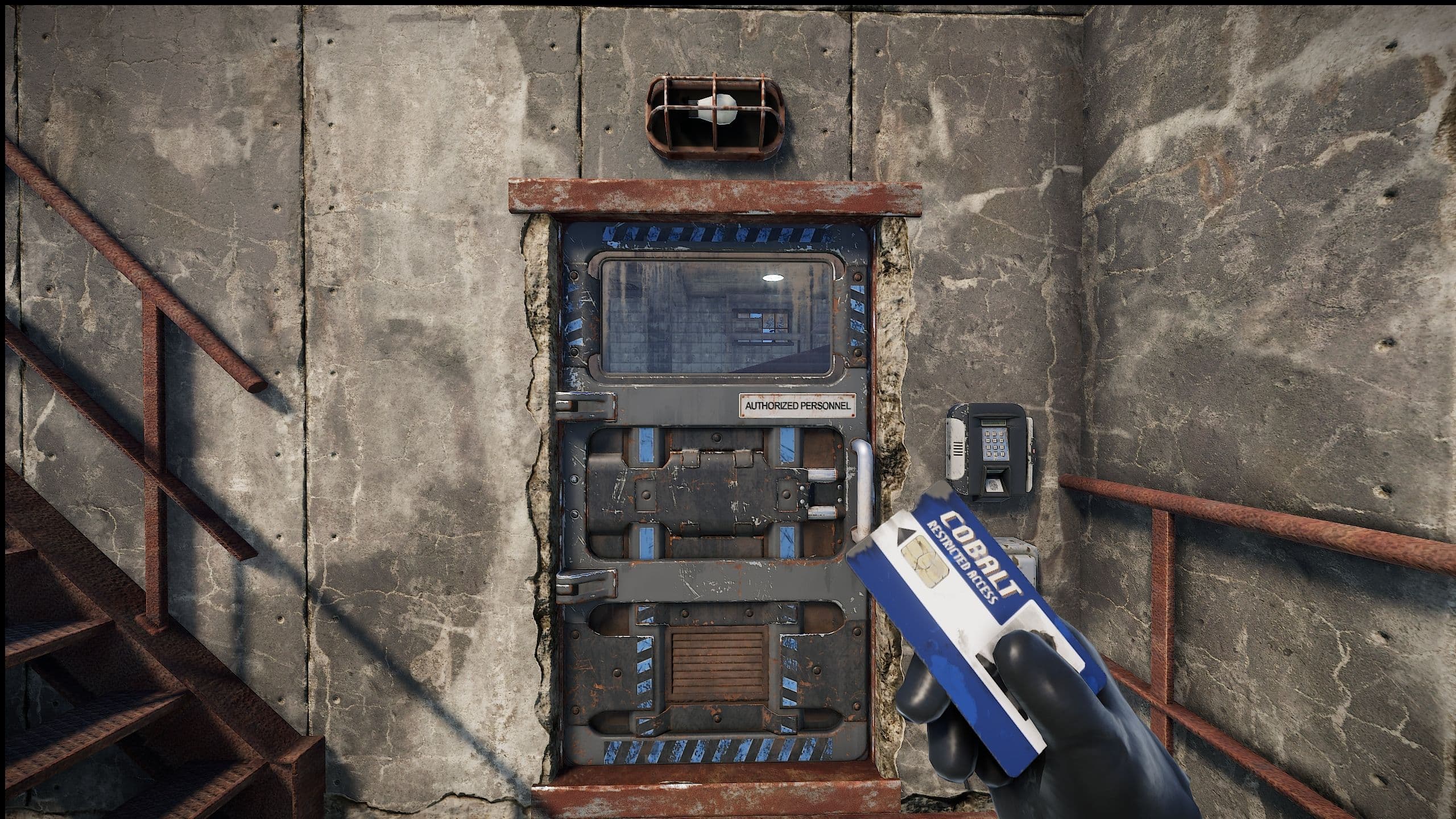 A player holds a Blue Keycard in front of an unpowered card reader on a Rust puzzle door