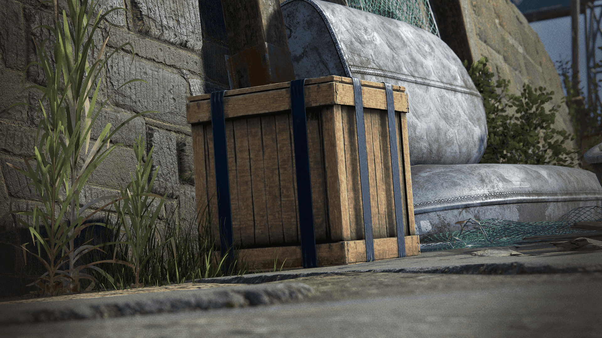 A loot crate on the quayside at Rust’s Ferry Terminal, the monument that supplies the card its own puzzle consumes