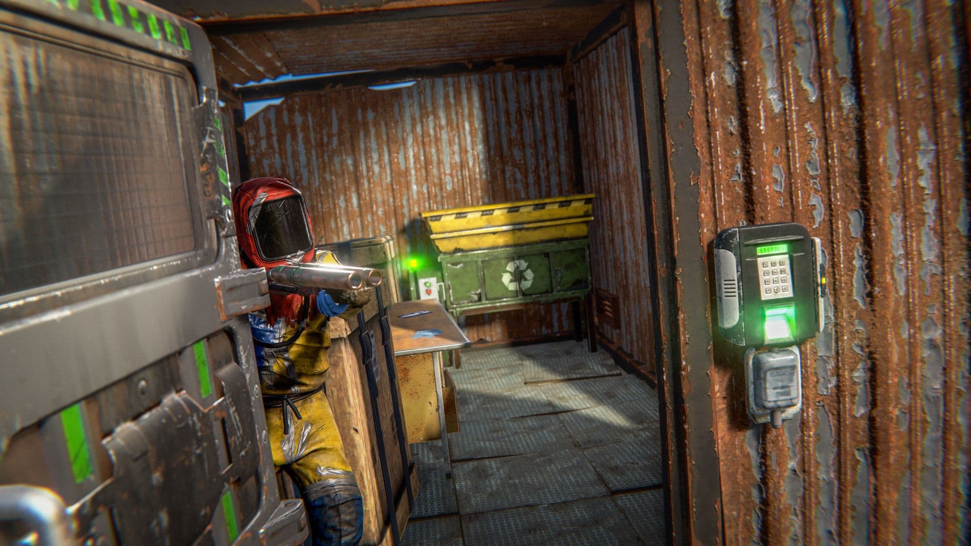 A green card reader and a recycler inside the puzzle room added to Rust’s Dome in October 2025