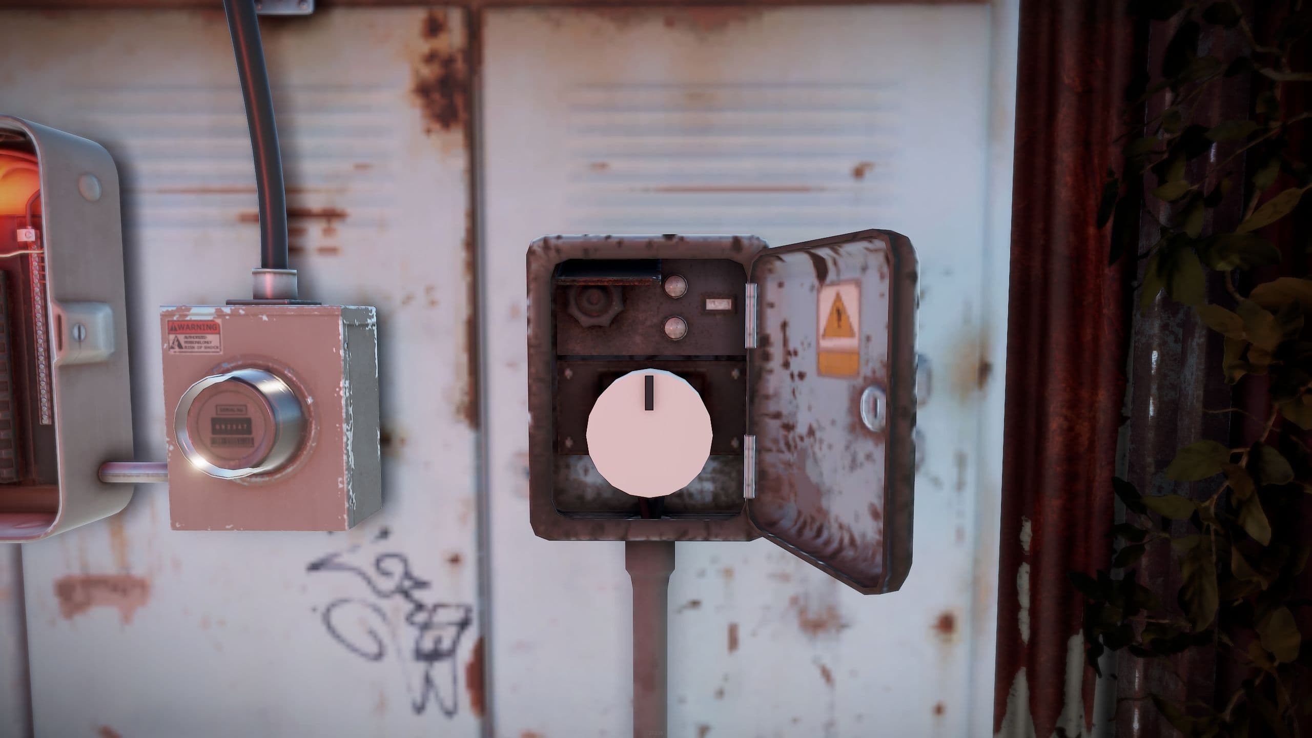 The timer dial on a Rust monument puzzle panel, beside the fuse box that powers it