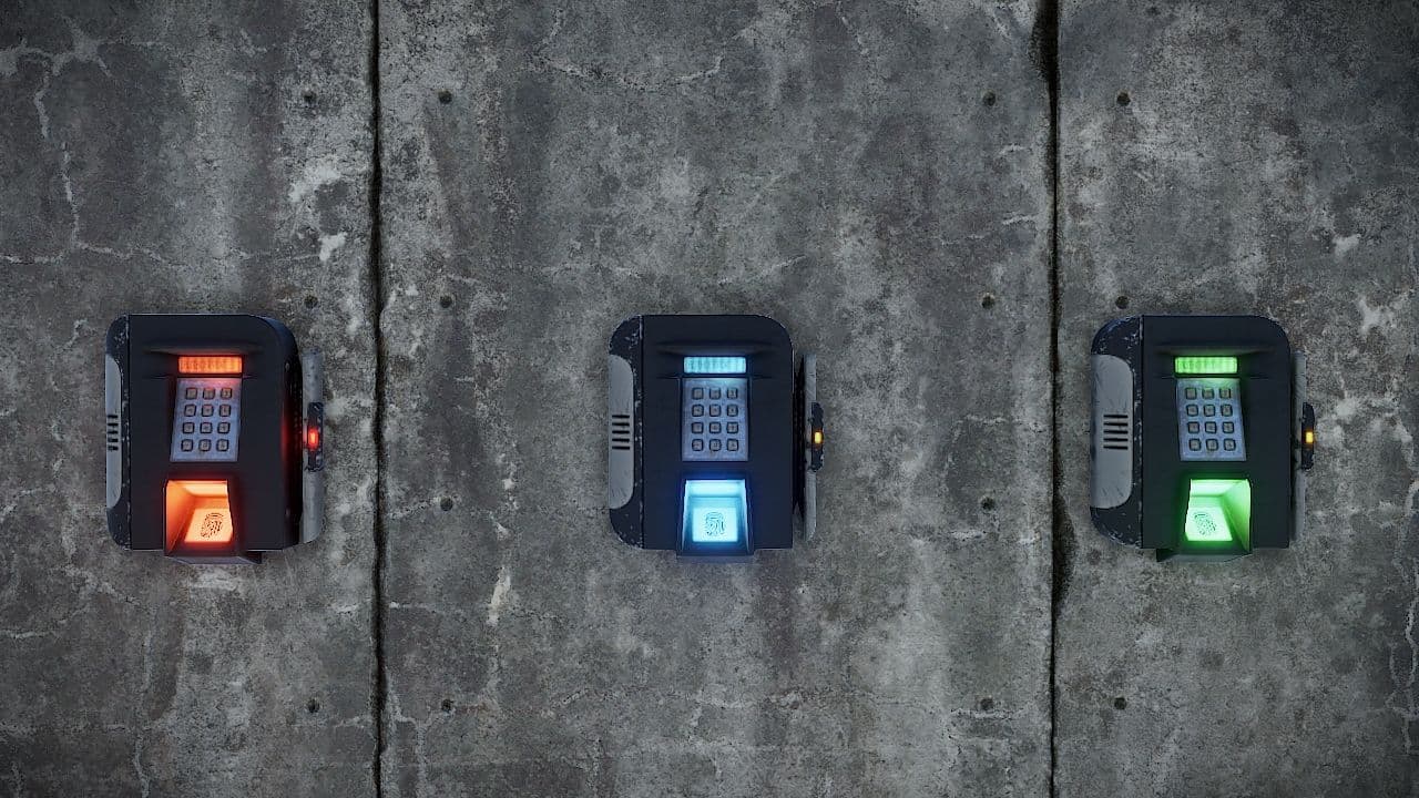 The red, blue and green card readers of Rust’s keycard chain mounted side by side