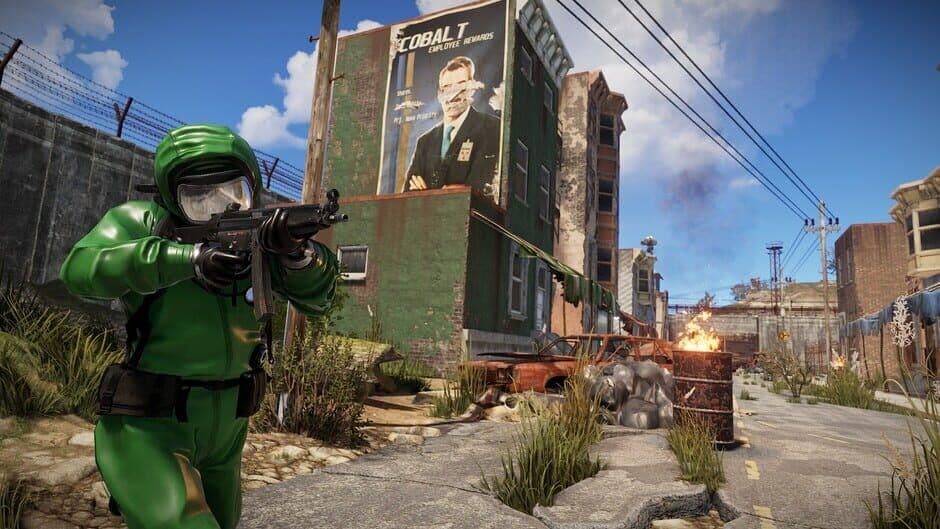 Armed Rust survivor at a Cobalt industrial monument