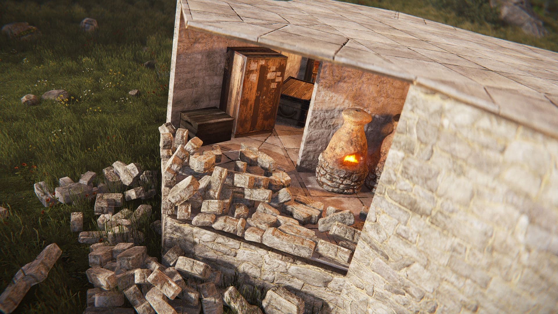Rust stone base with a destroyed doorway and scattered rubble