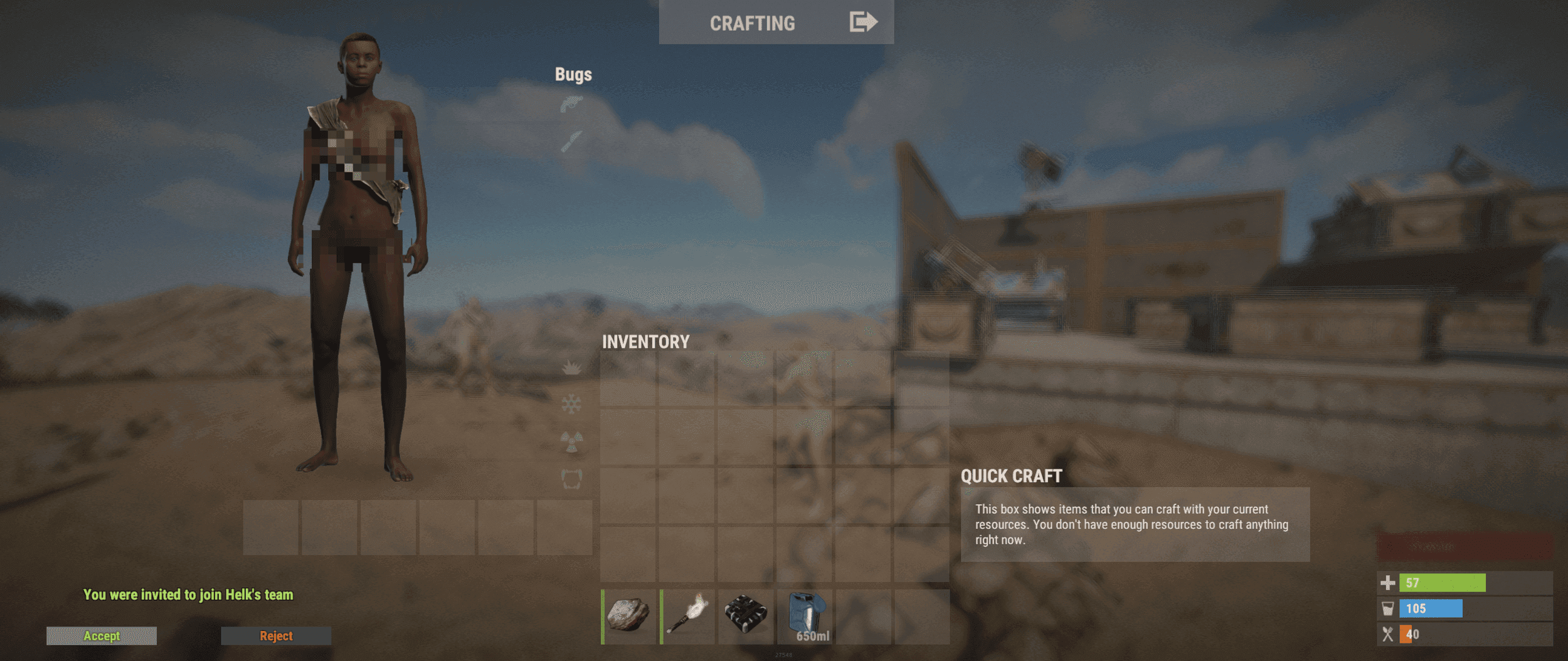 Rust team invitation prompt shown over the inventory screen