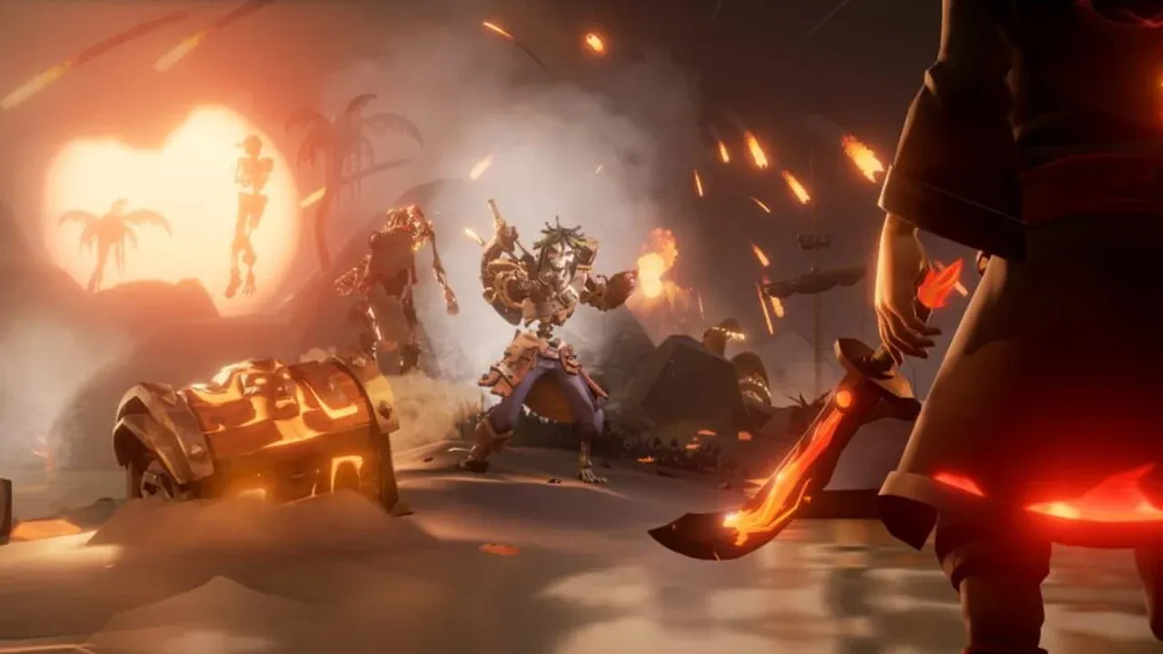 Vibrant Sea of Thieves artwork featuring pirates on a tropical island with a galleon sailing in the background.