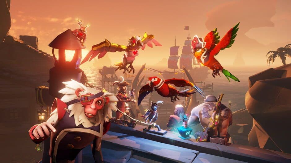 Arte promocional de Sea of Thieves que muestra a piratas navegando en un barco a través de aguas tormentosas.
