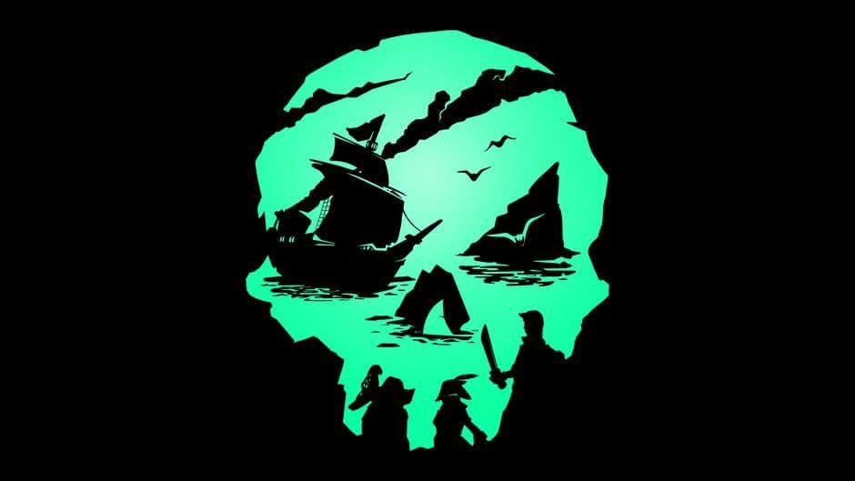 Arte promocional de Sea of Thieves que presenta a diversos personajes piratas y aventuras en alta mar.