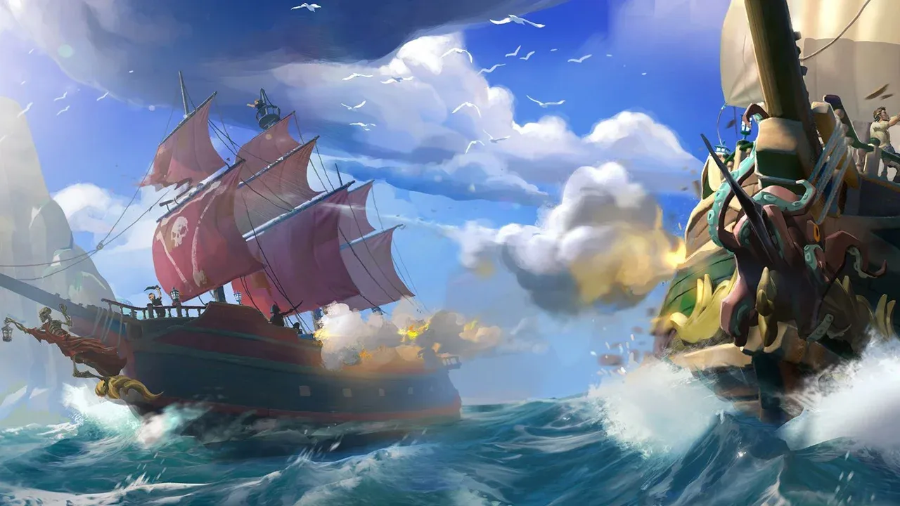 Massive naval battle in Sea of Thieves featuring multiple pirate ships exchanging cannon fire on the high seas.