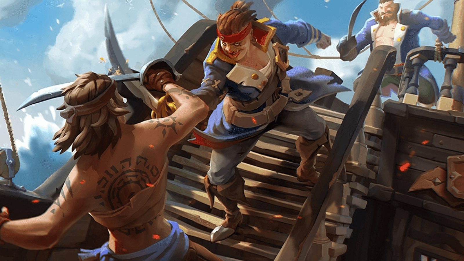 Dos piratas participan en una pelea de espadas en la cubierta de un barco en Sea of Thieves, mostrando el bucle de combate central.