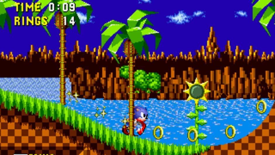 Official Sega Genesis screenshot of Sonic the Hedgehog showing the game's distinct art style.