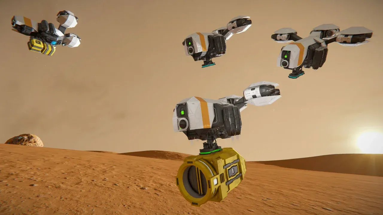 Four small-grid autonomous drones hovering over a red desert planet at low sun in Space Engineers, the nearest one suspended above a large yellow cargo container