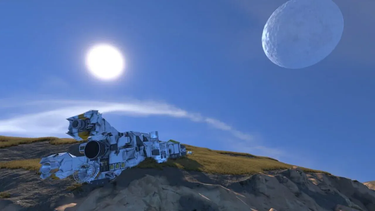 An astronaut explores a vibrant alien planet surface with complex machinery in the background of Space Engineers.