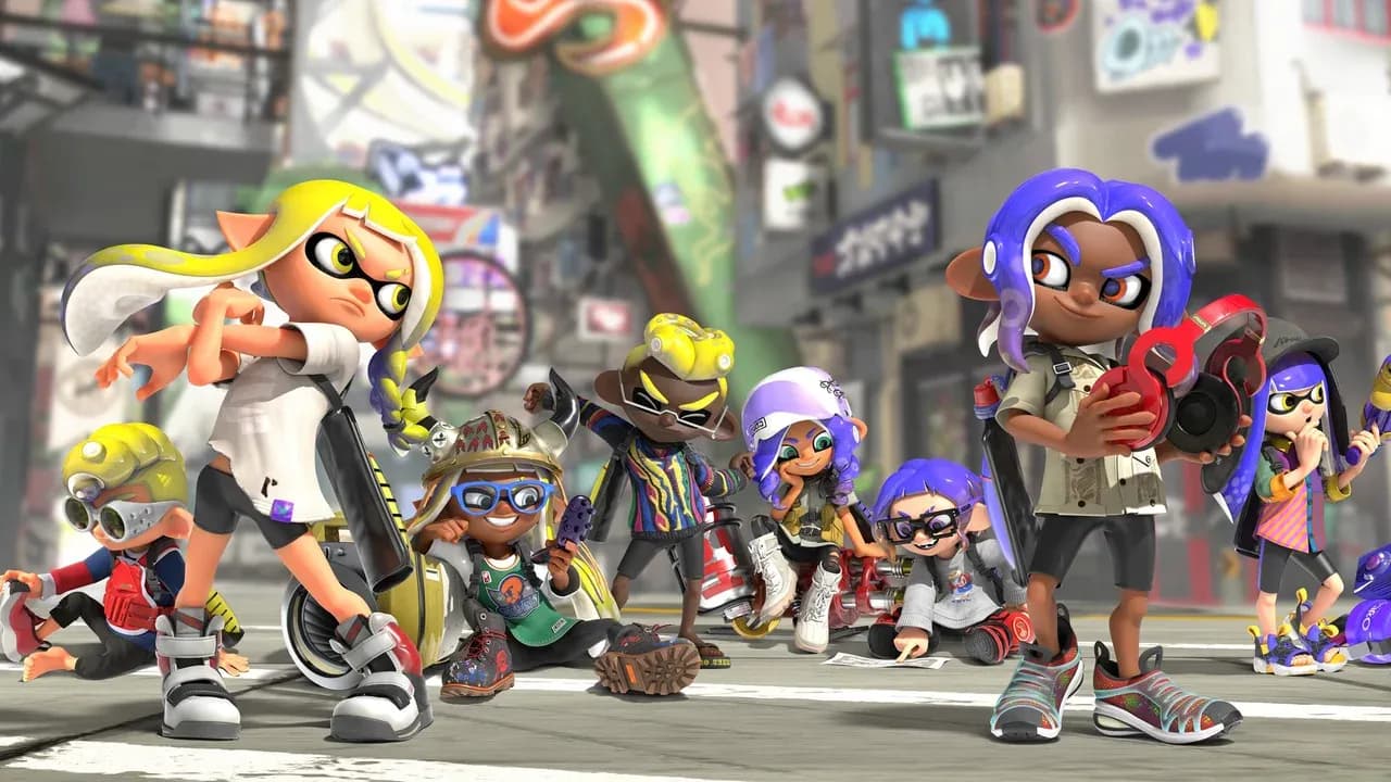 Vibrant Splatoon 3 key art featuring Inklings and Octolings with ink-based weaponry in a desert setting.