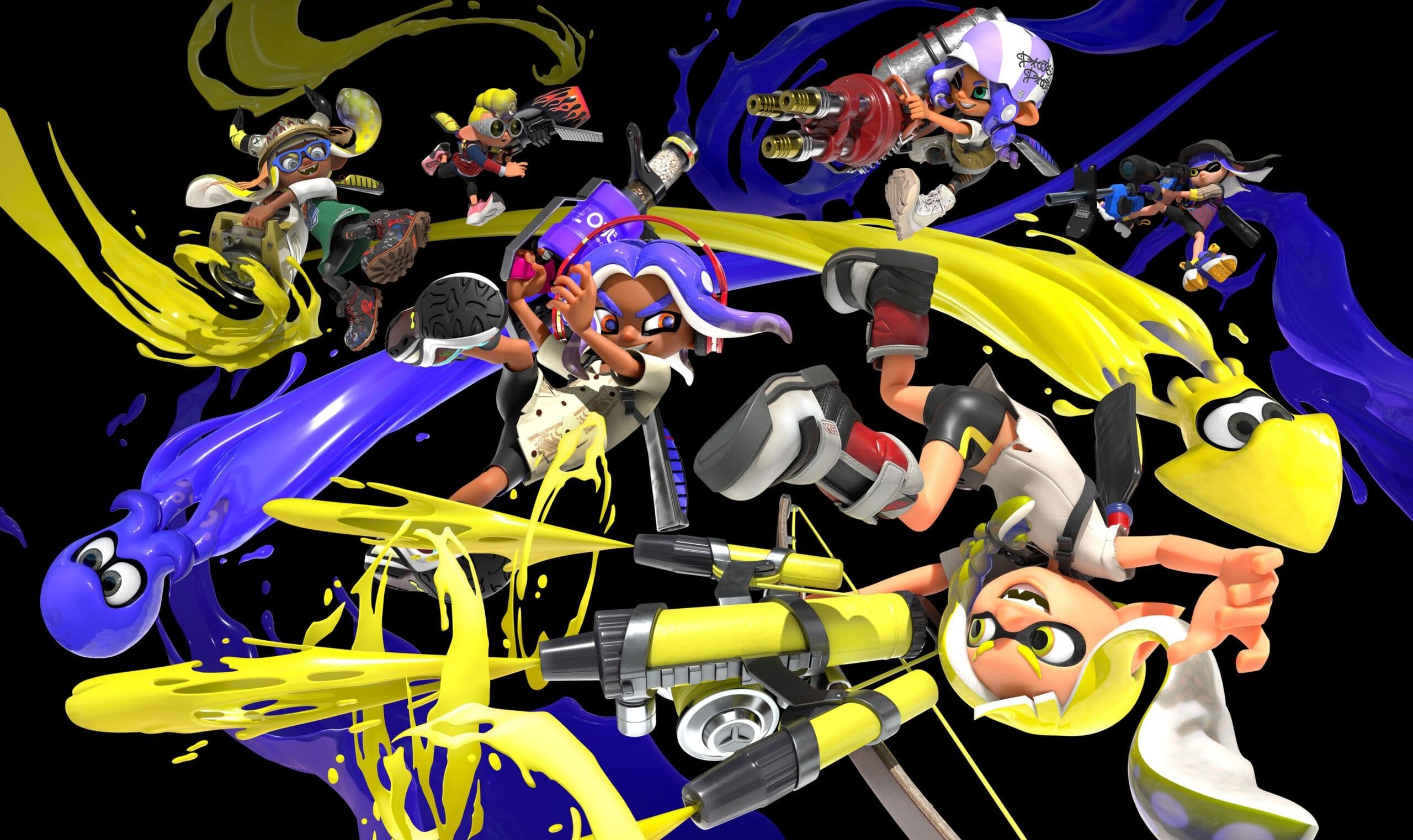 Splatoon 3 Inklings engage in a chaotic battle with various weapons and splashes of yellow and blue ink.
