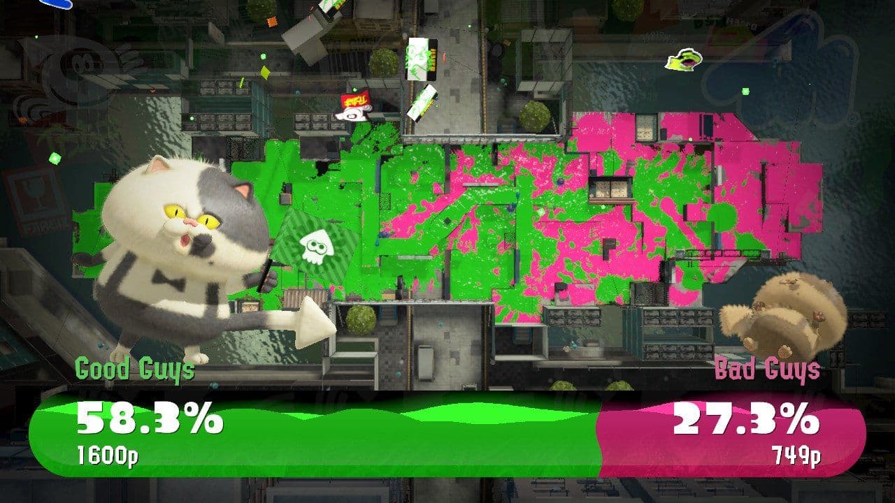 Splatoon 3 customization screen showing player gear and locker options in the hub world.
