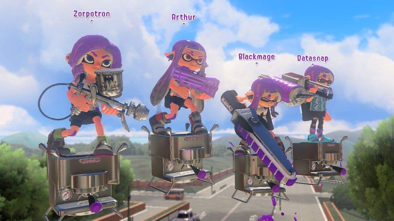 Splatoon 3 gameplay showing the refined ink-based shooter mechanics in action during a match.