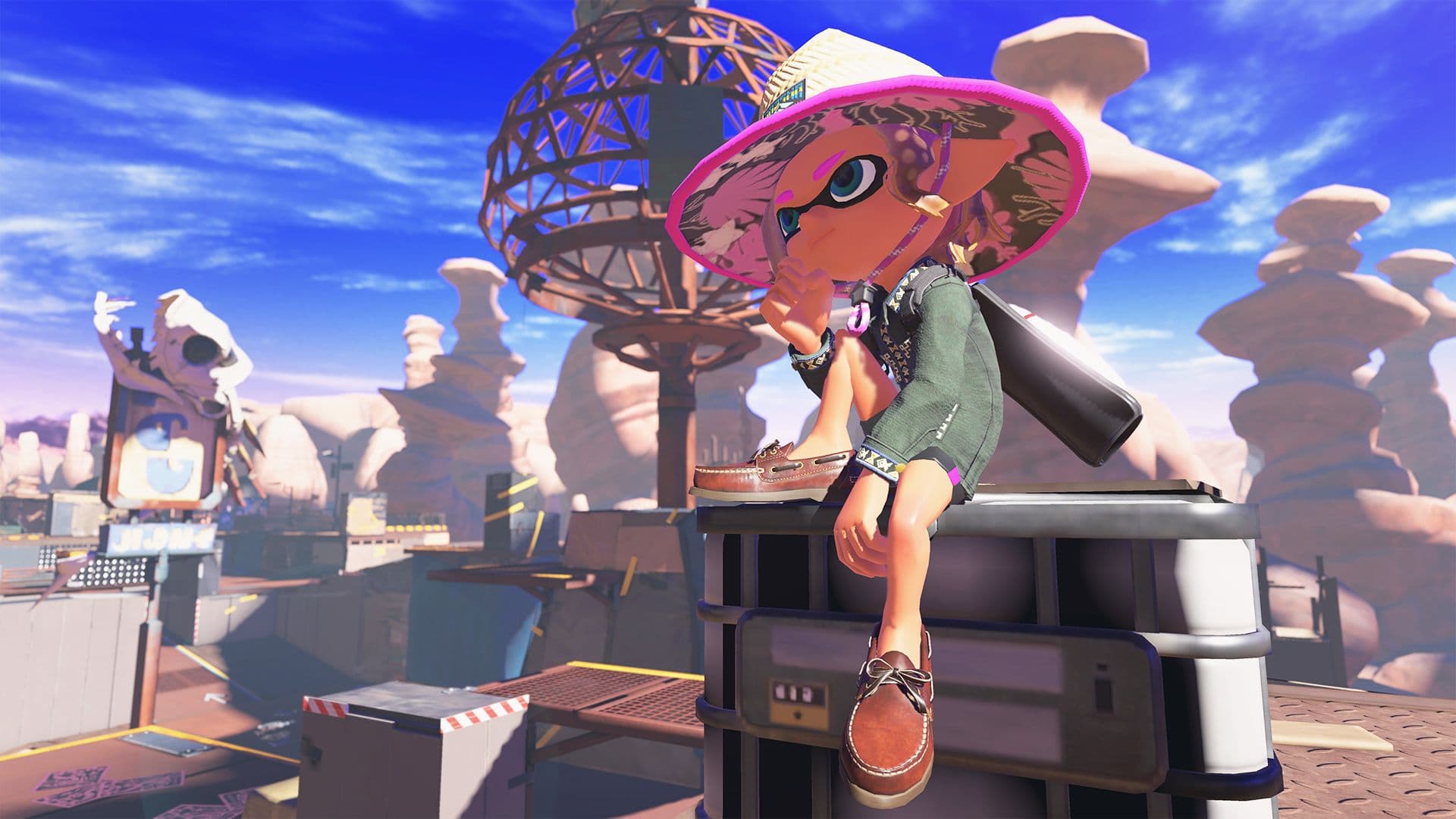 Splatoon 3 Inkling character in the Scorch Gorge multiplayer stage