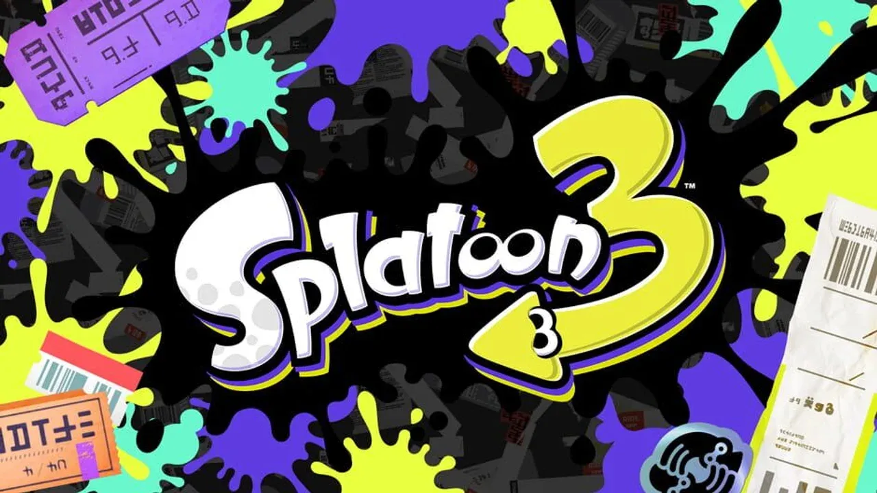 Vibrant Splatoon 3 official artwork featuring Inklings and Octolings with ink-based weaponry in a desert setting.