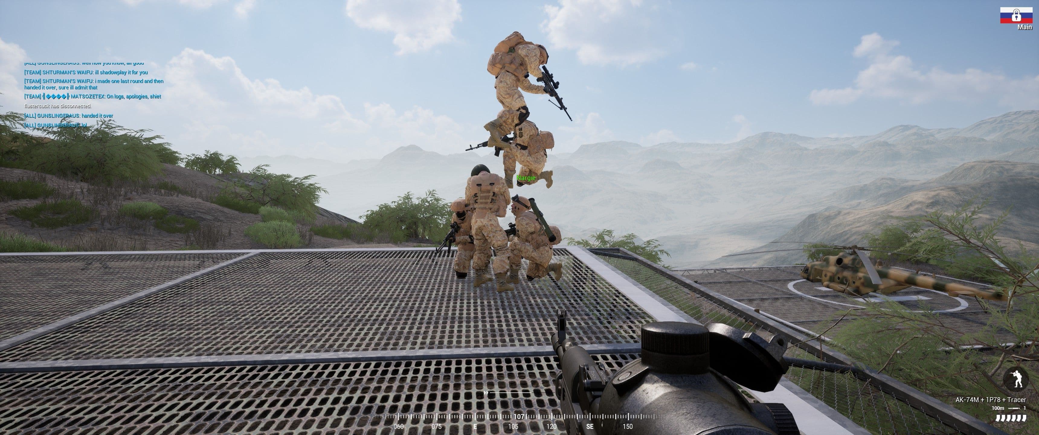 Russian Ground Forces soldiers in Squad standing on top of one another on a helipad deck, a week after the v2.12 patch that named Buddy Boost and removed the force keeping players off each other's heads.