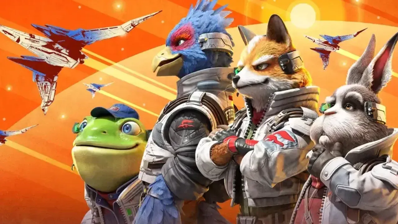 The Star Fox team stands confidently in front of their Arwing starfighters against a cinematic orange sunset sky.