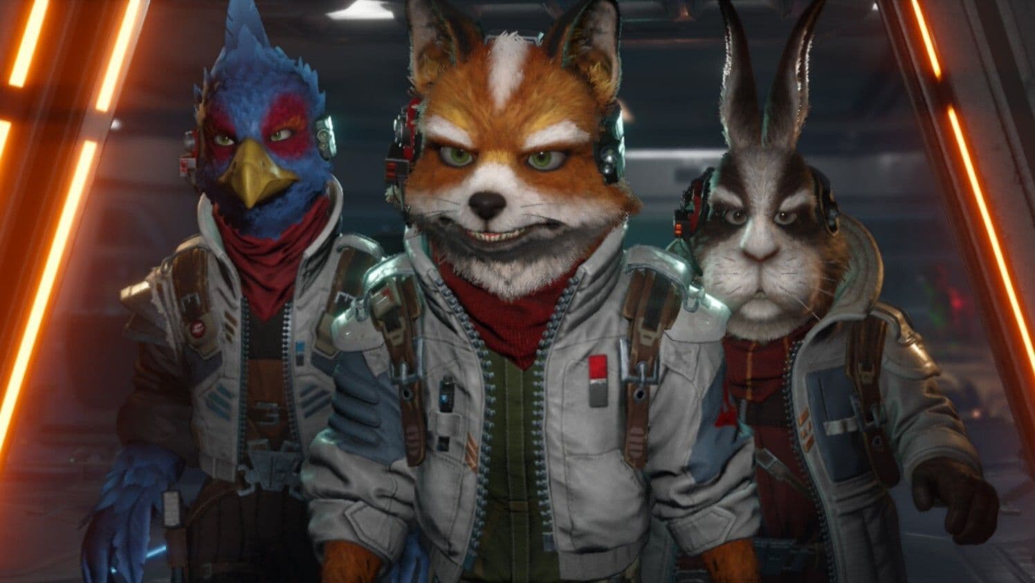 Fox McCloud and his crew in the high-fidelity cockpit of the Great Fox in Star Fox for Switch 2.