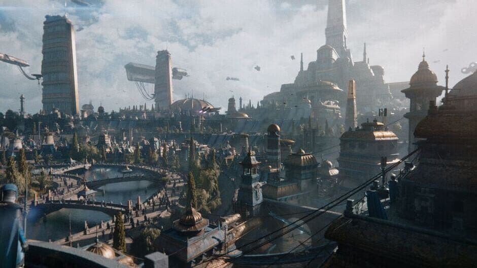 Iluminación atmosférica y arquitectura en un entorno de Star Wars: Eclipse durante la producción temprana.