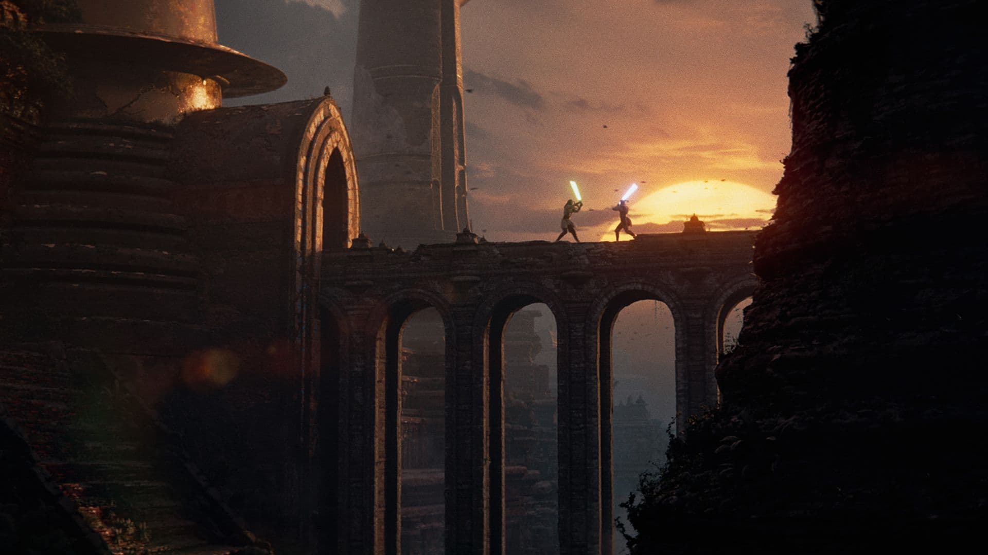 Dos figuras participan en un duelo de sables de luz en un puente en Star Wars: Eclipse, mostrando jugabilidad de acción.