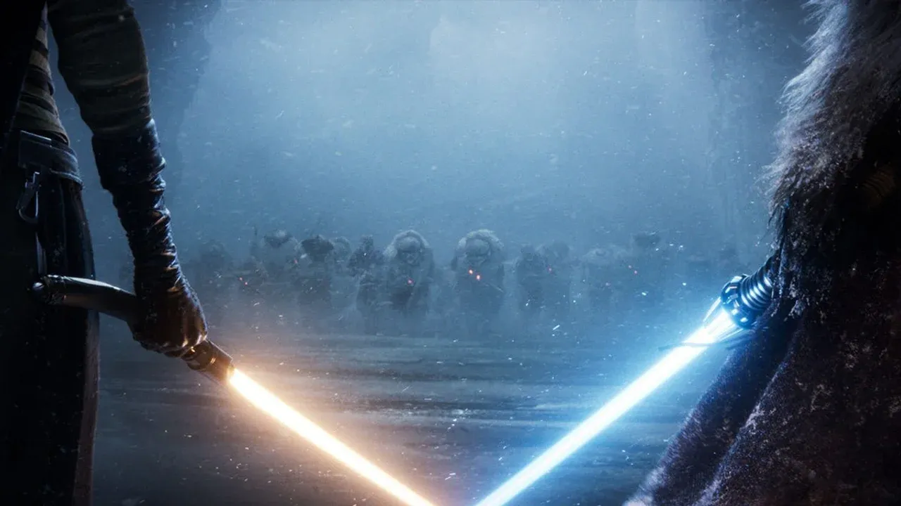 Two Jedi duel with lightsabers in a snowy landscape as an army approaches in Star Wars: Eclipse.