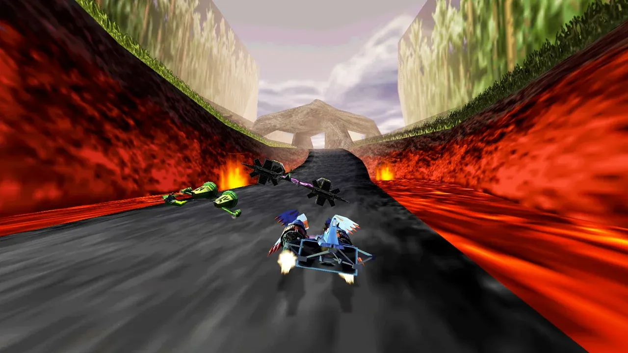 Multiple podracers lined up at the starting line of a desert track in Star Wars: Episode I - Racer.