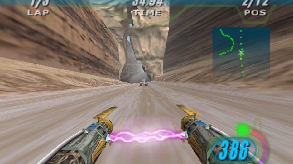 Star Wars Episode I Racer gameplay featuring a podracer navigating a treacherous desert track.