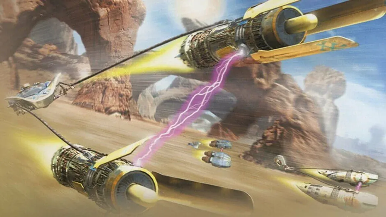 Official Star Wars Episode I Racer artwork featuring Anakin Skywalker and Sebulba racing their high-speed podracers.