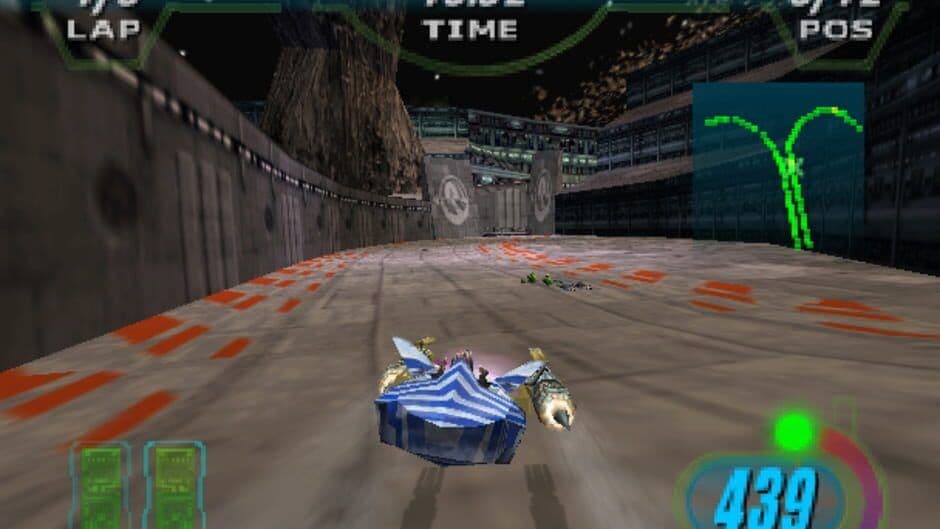 A podracer navigating the treacherous terrain of Tatooine in Star Wars: Episode I - Racer.