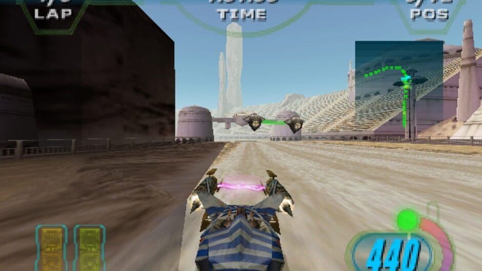 A high-speed podracing sequence in Star Wars Episode I Racer showing intense vehicular combat.