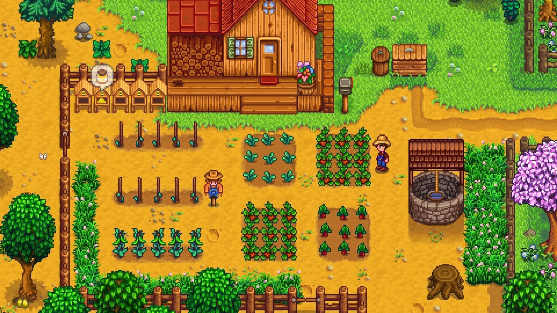 A vibrant Stardew Valley 1.6 farm scene showing crops and trees related to the new mastery system.