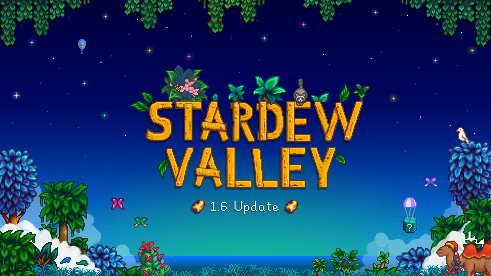 Stardew Valley 1.6 update logo with pixelated trees and stars representing the new mastery features.