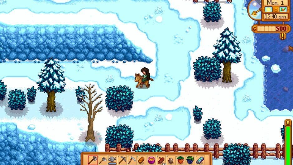 Official screenshot of Stardew Valley highlighting the game's unique art style and farming.