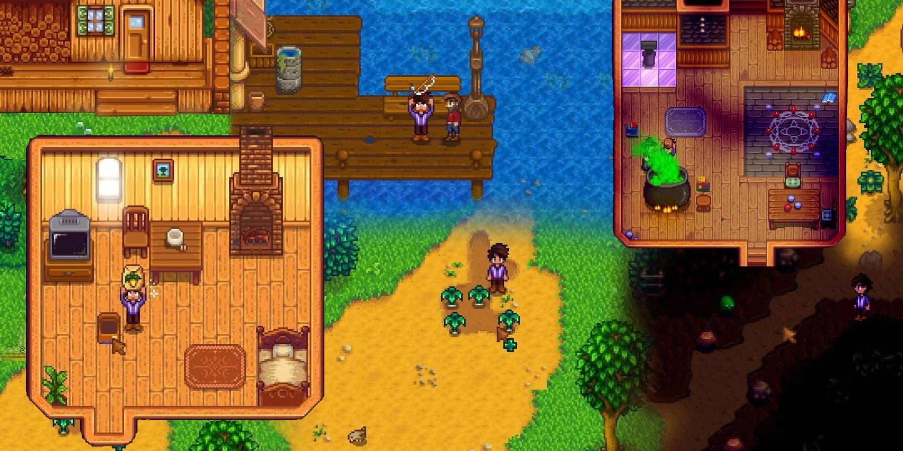 Stardew Valley characters perform daily tasks like fishing and farming during the first week of spring.