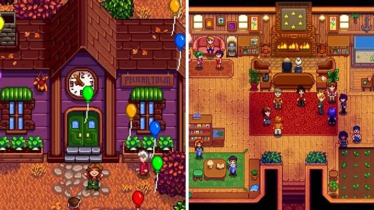 The exterior and interior of the completed Stardew Valley Community Center showing the restored building.